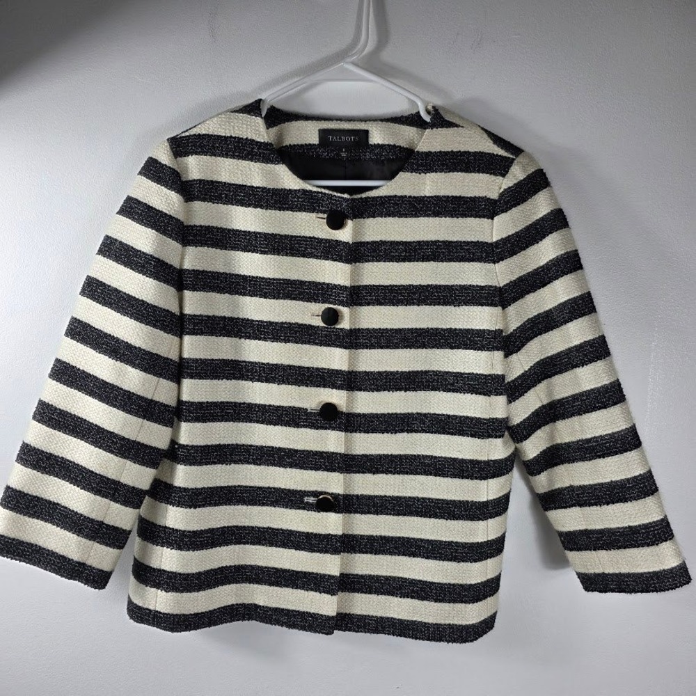 Talbot Woven Striped Blazer Jacket Women's Black Cream Button Front Collarless - Picture 2 of 6